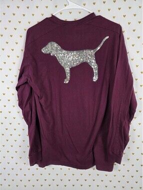 Victorias Secret PINK Long Sleeve Maroon Dog Bling tee shirt Small